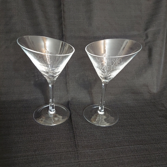 Pier One Crackle Glass Martini Glasses Angled Slanted Rim Stemmed Clear Set of 2